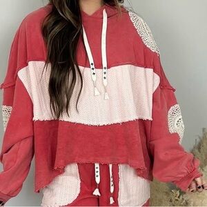 POL Coral and Cream Knit-Panel Hoodie